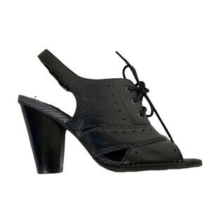 London Underground Leather Peep Toe Sandals Lace Up Wooden Heels Rubber Sole 7.5